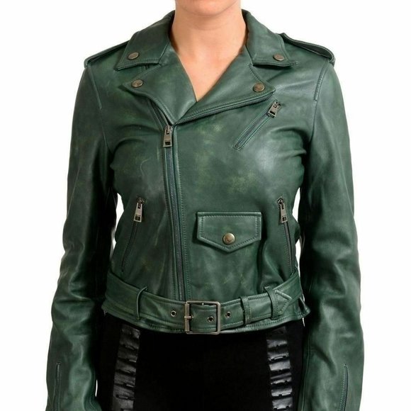 Just Cavalli Women's Distressed Green Full Zip Leather Jacket US S IT 40